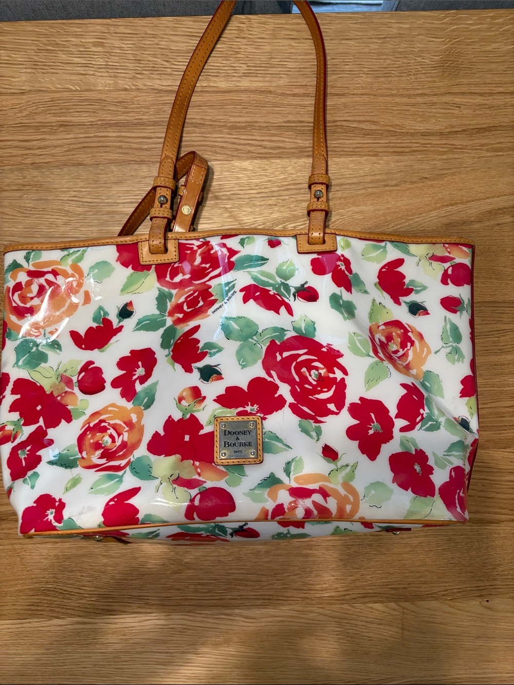 Vintage Dooney & Bourke Floral Tote with Pink, Green, and Orange Accents. - Picture 13 of 16